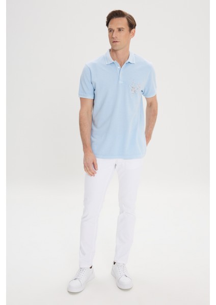 ALTINYILDIZ CLASSICS Erkek Açık İndigo Slim Fit Dar Kesim %100 Pamuk Baskılı Polo Yaka Tişört