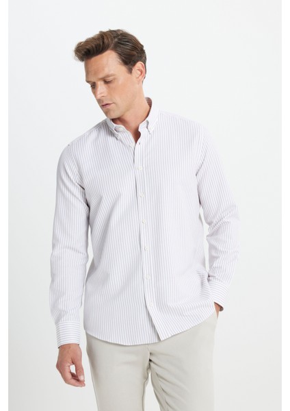 Pamuklu Slim Fit Dar Kesim Düğmeli Yaka Çizgili Beyaz-Bej Gömlek modelleri