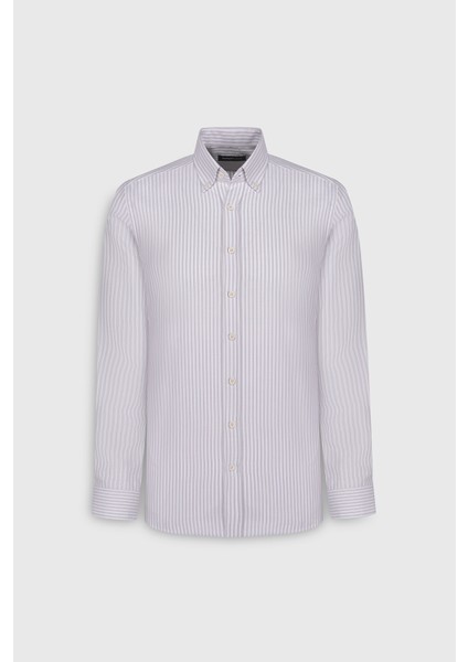 Pamuklu Slim Fit Dar Kesim Düğmeli Yaka Çizgili Beyaz-Bej Gömlek