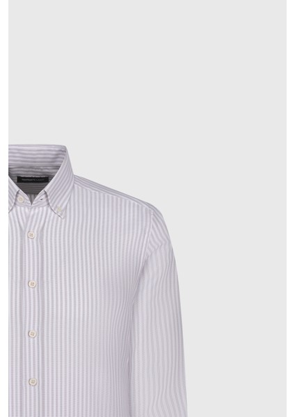 Pamuklu Slim Fit Dar Kesim Düğmeli Yaka Çizgili Beyaz-Bej Gömlek