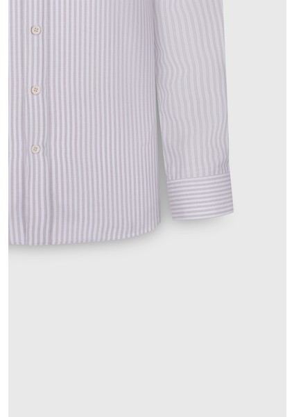 Pamuklu Slim Fit Dar Kesim Düğmeli Yaka Çizgili Beyaz-Bej Gömlek
