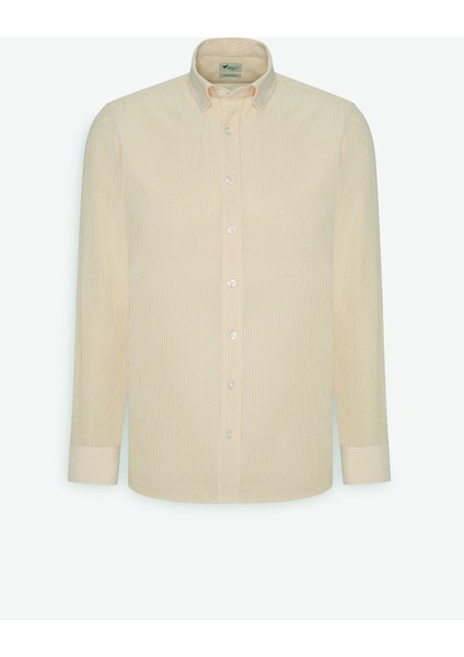 Erkek Beyaz-Sarı Slim Fit Dar Kesim Gizli Düğmeli Yaka Pamuklu Çizgili Gömlek