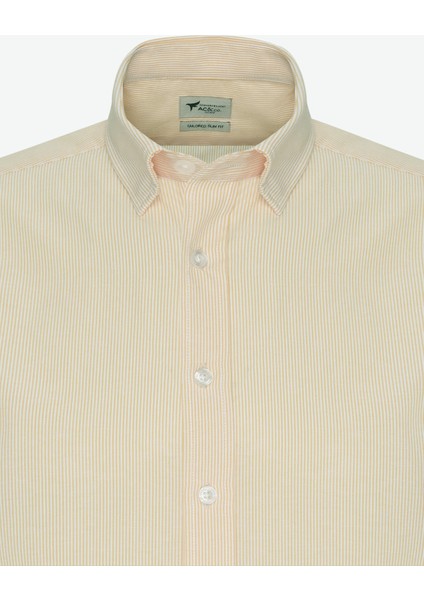 Erkek Beyaz-Sarı Slim Fit Dar Kesim Gizli Düğmeli Yaka Pamuklu Çizgili Gömlek