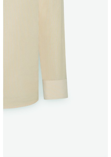 Erkek Beyaz-Sarı Slim Fit Dar Kesim Gizli Düğmeli Yaka Pamuklu Çizgili Gömlek