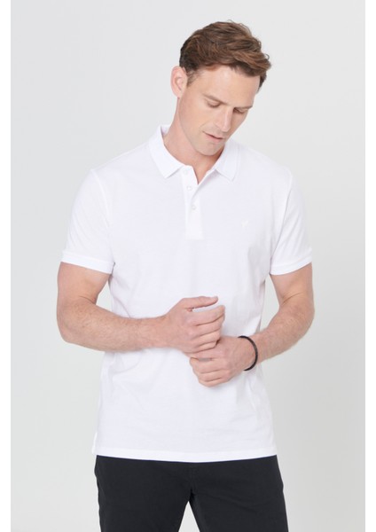 %100 Organik Pamuklu Erkek Beyaz Slim Fit Dar Kesim Polo Yaka Tişört