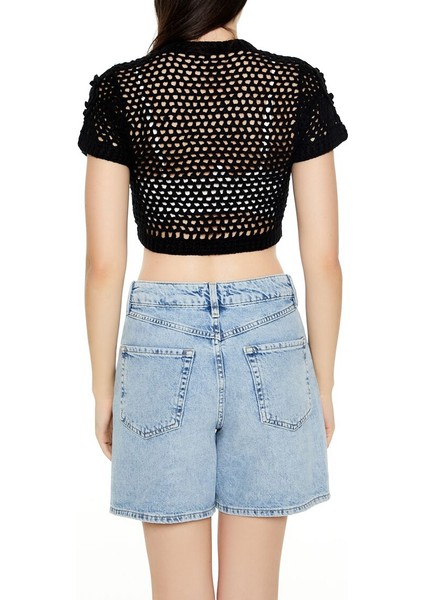 F21 Dantel Detaylı Örme Crop Tişört modelleri
