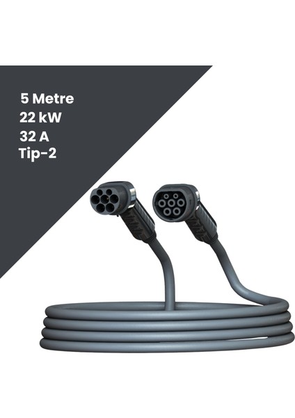 Elektrikli Araç Şarj Kablosu Ac Tip-2 22 Kw (5 Metre )