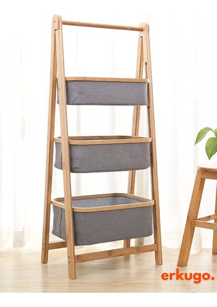 3 Katlı Bambu Katlanır Mutfak, Banyo Organizeri, Patates - Soğan Sepeti, Çamaşır Sepeti Ayaklı Depolama Rafı