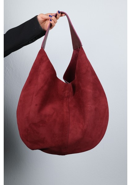 Puja Bordo Cilt Bordo Hakiki Süet Deri Kadın Omuz Çantası