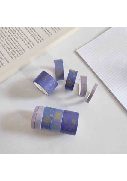 Vintage Washi Tape Bant Baskılı Yapışkanlı Maskeleme Kağıdı, Desenli Bant 10 Lu - Ay Yıldız Tarot