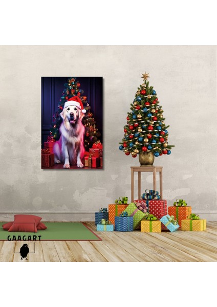 Tekli Dikey Kanvas Duvar Tablosu Yılbaşı si Noel Baba Kostümlü Golden Retriever