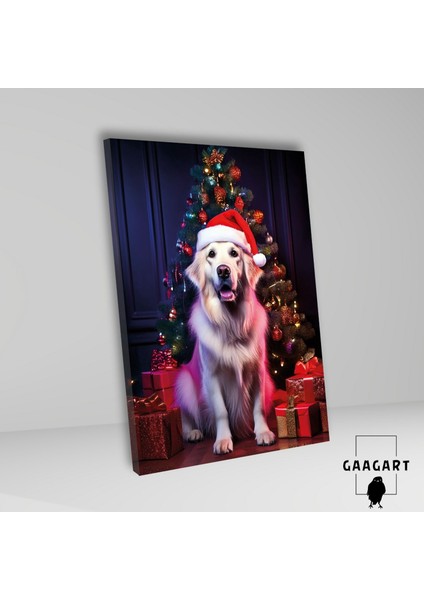 Tekli Dikey Kanvas Duvar Tablosu Yılbaşı si Noel Baba Kostümlü Golden Retriever
