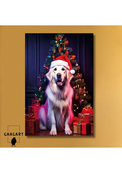 Tekli Dikey Kanvas Duvar Tablosu Yılbaşı si Noel Baba Kostümlü Golden Retriever