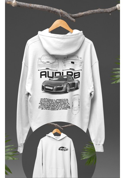 Oversize Audi R8 Sırt Baskılı Kapüşonlu Sweatshirt, Unisex Yarış Araba Temalı Hoodie
