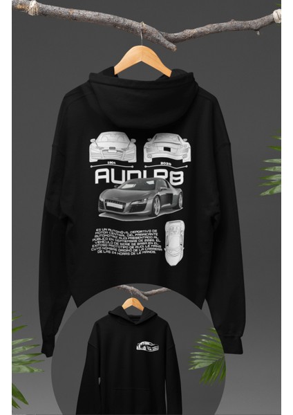 Oversize Audi R8 Sırt Baskılı Kapüşonlu Sweatshirt, Unisex Yarış Araba Temalı Hoodie