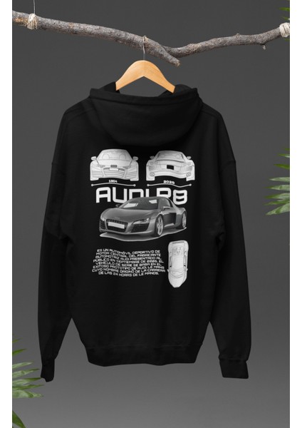 Oversize Audi R8 Sırt Baskılı Kapüşonlu Sweatshirt, Unisex Yarış Araba Temalı Hoodie