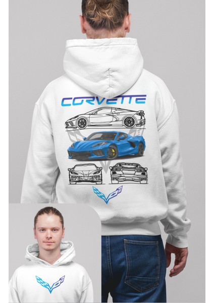 Oversize Corveette Sırt Baskılı Kapüşonlu Sweatshirt, Unisex Yarış Araba Temalı Hoodie