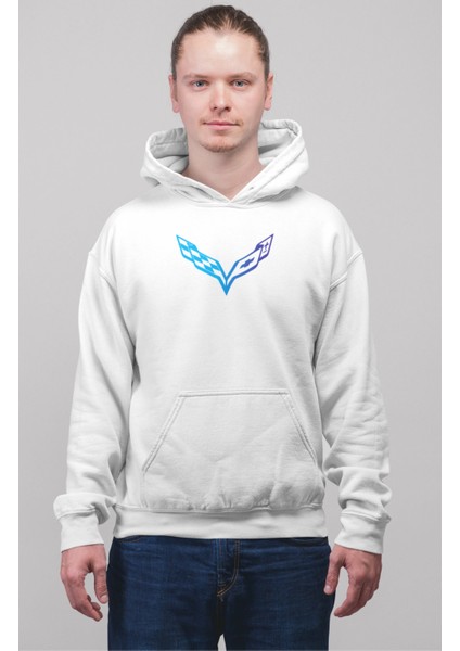 Oversize Corveette Sırt Baskılı Kapüşonlu Sweatshirt, Unisex Yarış Araba Temalı Hoodie