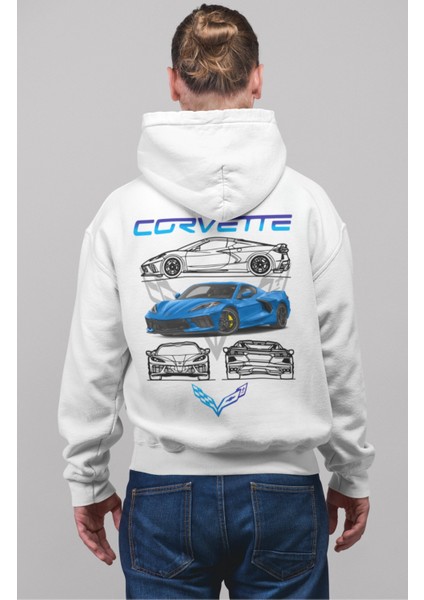 Oversize Corveette Sırt Baskılı Kapüşonlu Sweatshirt, Unisex Yarış Araba Temalı Hoodie