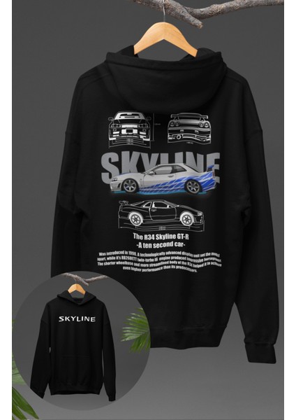Oversize R34 Skyline Gt-R Sırt Baskılı Kapüşonlu Sweatshirt, Unisex Yarış Araba Temalı Hoodie