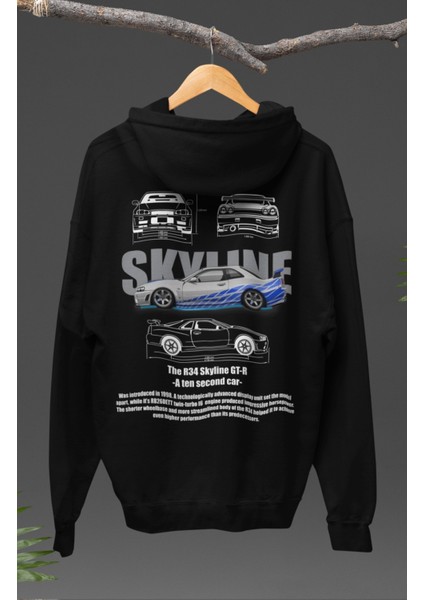 Oversize R34 Skyline Gt-R Sırt Baskılı Kapüşonlu Sweatshirt, Unisex Yarış Araba Temalı Hoodie modelleri
