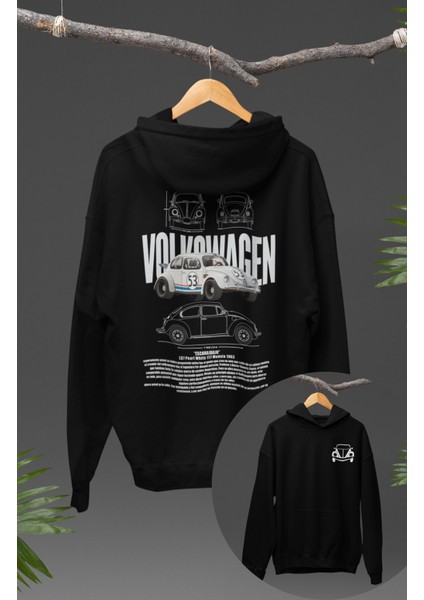 Oversize Vosvos Sırt Baskılı Kapüşonlu Sweatshirt, Unisex Klasik Araba Temalı Hoodie