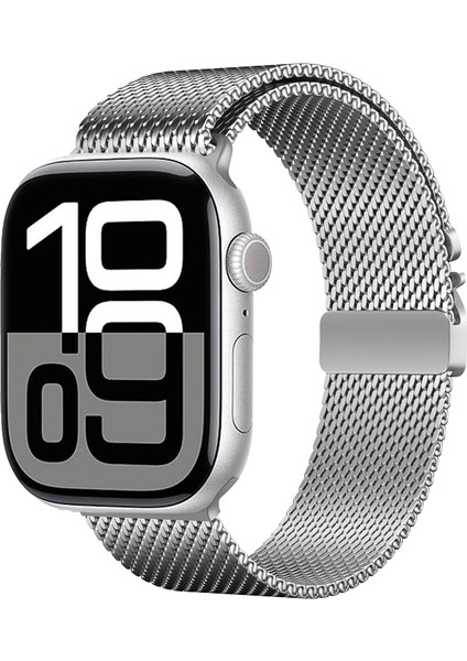 Apple Watch 7 45MM Kordon Metal Tokalı Kalın Yeni Tip Hasır KRD121 Gümüş