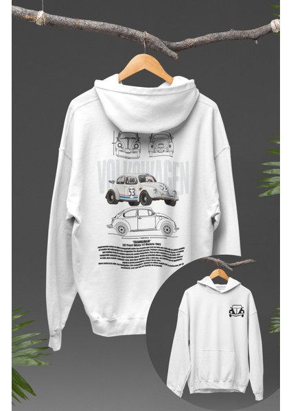 Oversize Vosvos Sırt Baskılı Kapüşonlu Sweatshirt, Unisex Klasik Araba Temalı Hoodie