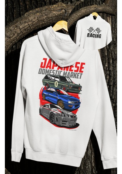Oversize Japanese Car Sırt Baskılı Kapüşonlu Sweatshirt, Unisex Yarış Araba Temalı Hoodie