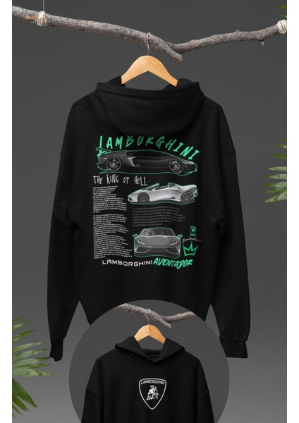 Oversize Lamborghini Sırt Baskılı Kapüşonlu Sweatshirt, Unisex Yarış Araba Temalı Hoodie
