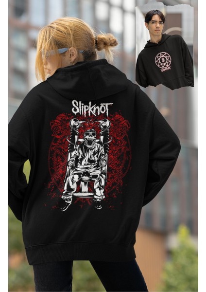 Unisex Slipknot Sırt Baskılı Kapüşonlu Sweatshirt, Oversize Rock Band Baskılı Hoodie