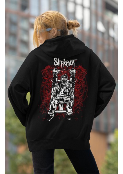 Unisex Slipknot Sırt Baskılı Kapüşonlu Sweatshirt, Oversize Rock Band Baskılı Hoodie
