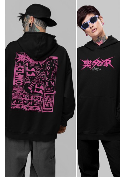 Unisex Rockstar Albüm Sırt Baskılı Kapüşonlu Sweatshirt, Oversize Stray Kids Baskılı Hoodie