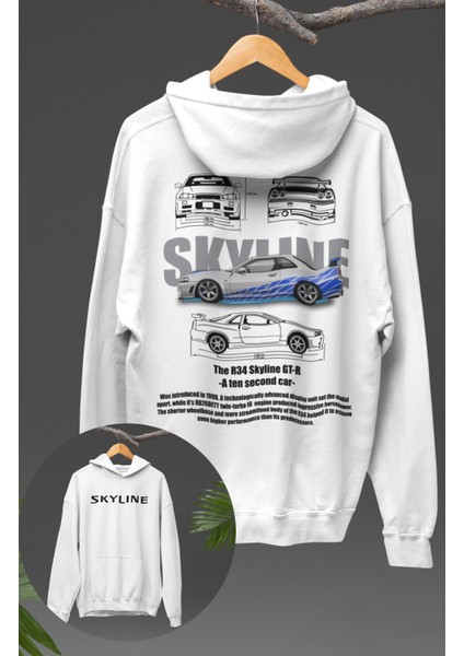 Oversize R34 Skyline Gt-R Sırt Baskılı Kapüşonlu Sweatshirt, Unisex Yarış Araba Temalı Hoodie