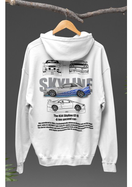 Oversize R34 Skyline Gt-R Sırt Baskılı Kapüşonlu Sweatshirt, Unisex Yarış Araba Temalı Hoodie modelleri