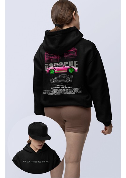 Oversize Pembe Porsche 911 Gt3 Sırt Baskılı Kapüşonlu Sweatshirt, Unisex Yarış Araba Temalı Hoodie