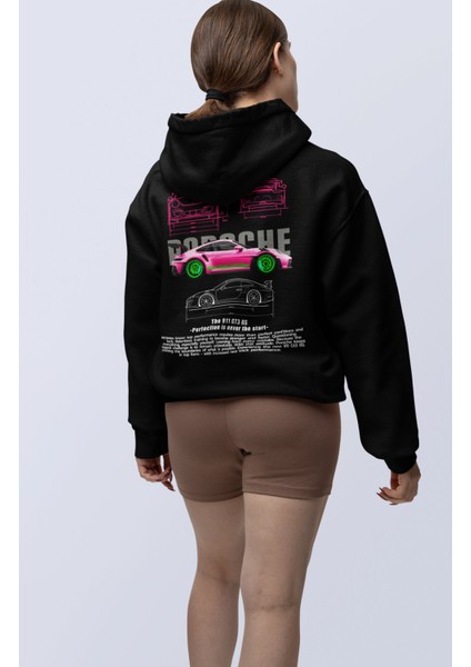 Oversize Pembe Porsche 911 Gt3 Sırt Baskılı Kapüşonlu Sweatshirt, Unisex Yarış Araba Temalı Hoodie modelleri