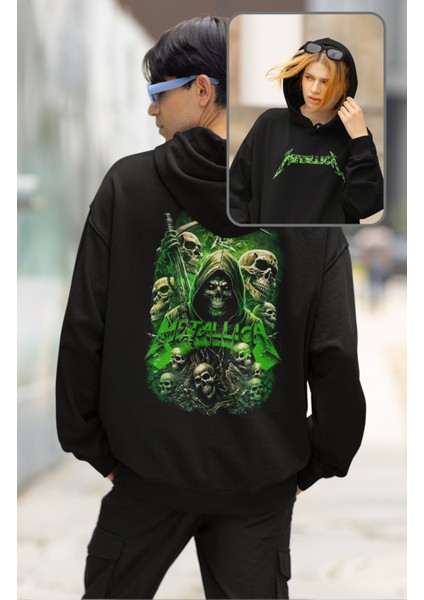 Unisex Metallica Green Skull Sırt Baskılı Kapüşonlu Sweatshirt, Oversize Rock Band Baskılı Hoodie
