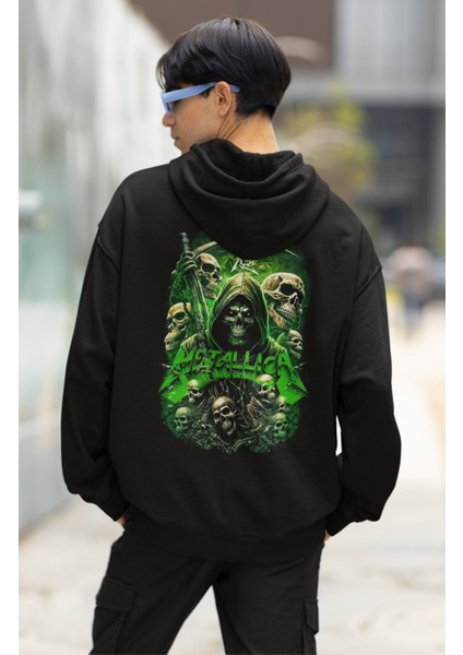 Unisex Metallica Green Skull Sırt Baskılı Kapüşonlu Sweatshirt, Oversize Rock Band Baskılı Hoodie modelleri