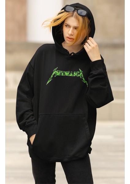 Unisex Metallica Green Skull Sırt Baskılı Kapüşonlu Sweatshirt, Oversize Rock Band Baskılı Hoodie fiyatları
