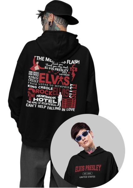 Unisex Elvis Presley Sırt Baskılı Kapüşonlu Sweatshirt, Oversize Efsane Müzisyen Baskılı Hoodie