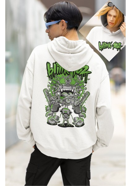 Unisex Blink 182 Green Sırt Baskılı Kapüşonlu Sweatshirt, Oversize Rock Band Baskılı Hoodie