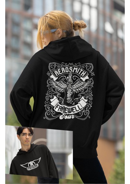 Unisex Aerosmith Tour Sırt Baskılı Kapüşonlu Sweatshirt, Oversize Rock Band Baskılı Hoodie