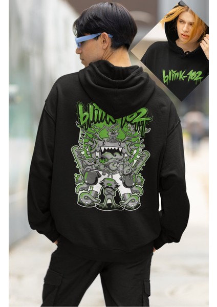 Unisex Blink 182 Green Sırt Baskılı Kapüşonlu Sweatshirt, Oversize Rock Band Baskılı Hoodie