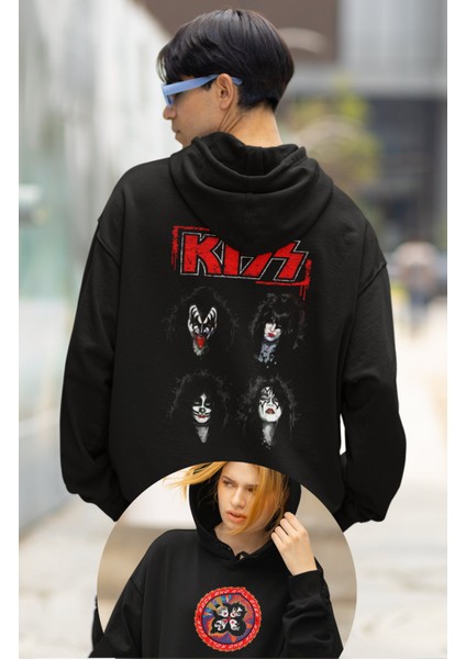 Unisex Rock And Roll Kiss Sırt Baskılı Kapüşonlu Sweatshirt, Oversize Rock Band Baskılı Hoodie