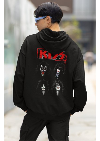 Unisex Rock And Roll Kiss Sırt Baskılı Kapüşonlu Sweatshirt, Oversize Rock Band Baskılı Hoodie modelleri