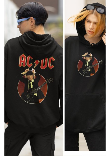 Unisex Ac-Dc Gitarist Sırt Baskılı Kapüşonlu Sweatshirt, Oversize Rock Band Baskılı Hoodie