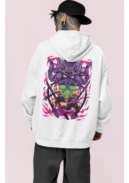 Oversize Roronoa Zoro Sırt Baskılı Kapüşonlu Sweatshirt, Unisex One Piece Anime Baskılı Hoodie