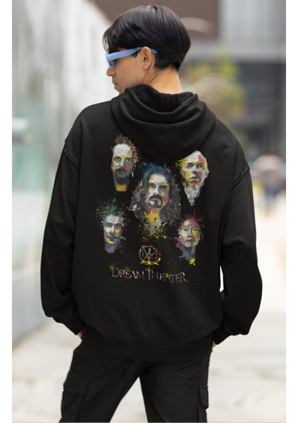 Unisex Dream Theater Sırt Baskılı Kapüşonlu Sweatshirt, Oversize Rock Band Baskılı Hoodie