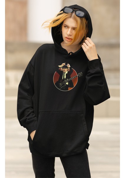 Unisex Ac-Dc Gitarist Sırt Baskılı Kapüşonlu Sweatshirt, Oversize Rock Band Baskılı Hoodie
